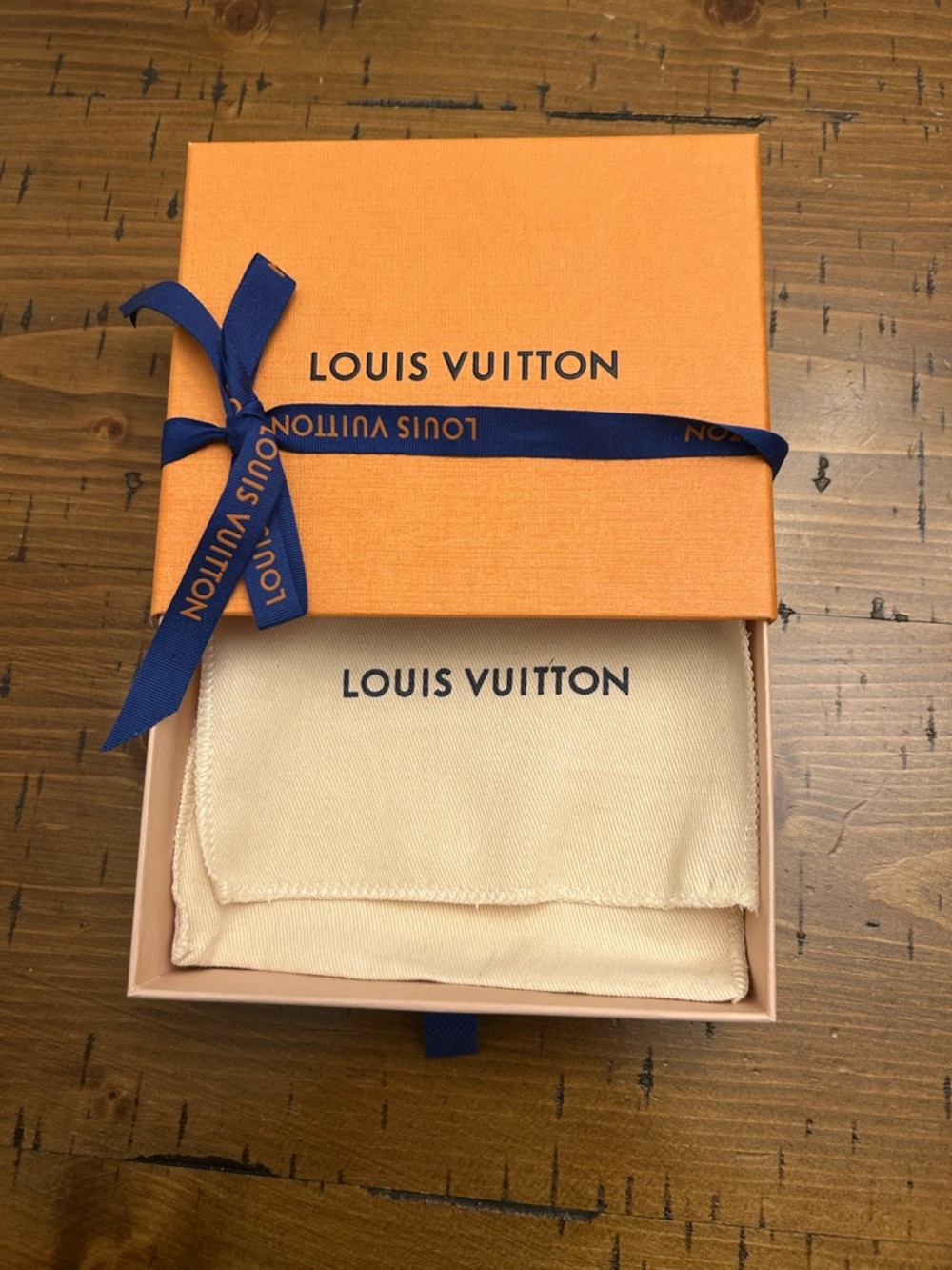 Louis Vuitton Orange Box with Navy Ribbon and Cream Dust Bag
